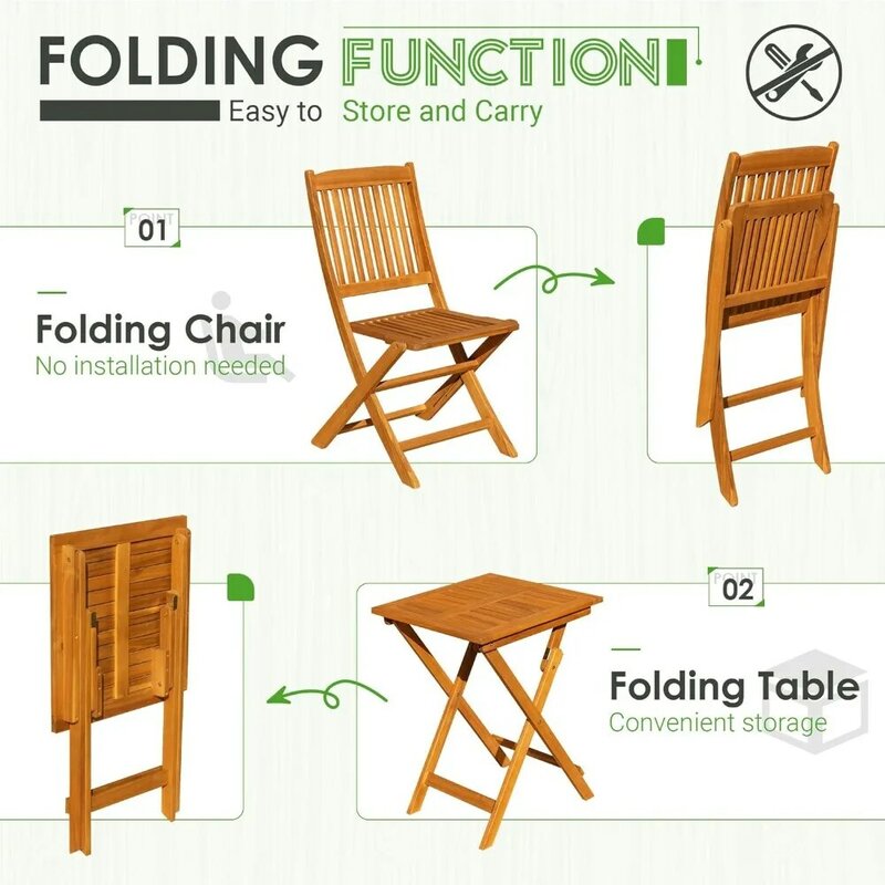 3 Piece Patio Folding Furniture Bistro Set with 2 Cushions for Pool Beach Backyard Balcony Porch Deck Garden, Acacia Wood