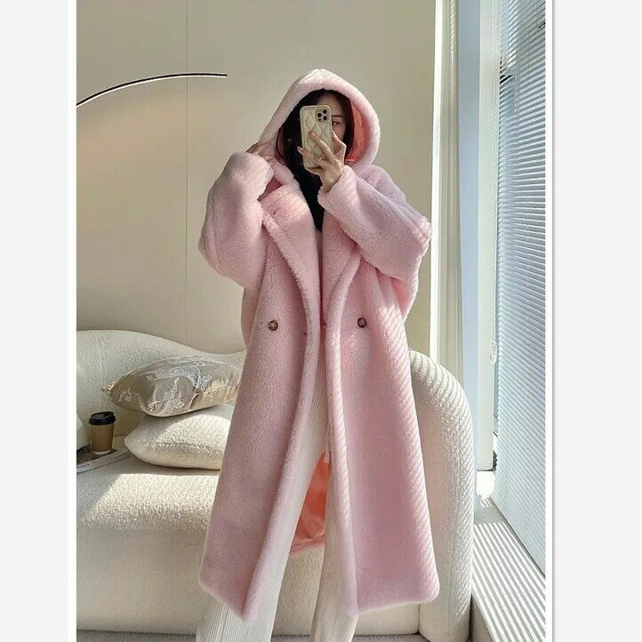 2023 Winter New Women's Thickened Warm Teddy Bear White Hooded Coat Female Mid Length Long Sleeve Faux Fur Fur Winter Outerwear
