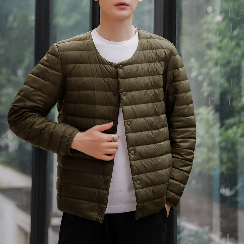 Mens Packable Solid Down Coat Round Neck Lightweight Padded Jackets Spring Buttons Single Breasted Loose Puffer Jacket Coat Male