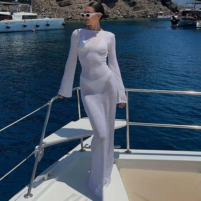 Yiciovy vestido de praia envolto feminino bikini cover-ups manga longa em torno do pescoço ver através de protetor solar sem costas praia vestidos longos