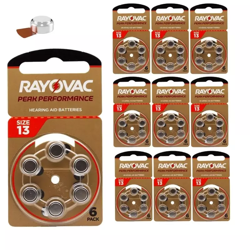Rayovac Peak-baterías para audífonos de alto rendimiento, 60 piezas, A13 Batería de Zinc Air 13 / P13 / PR48 para audífonos BTE