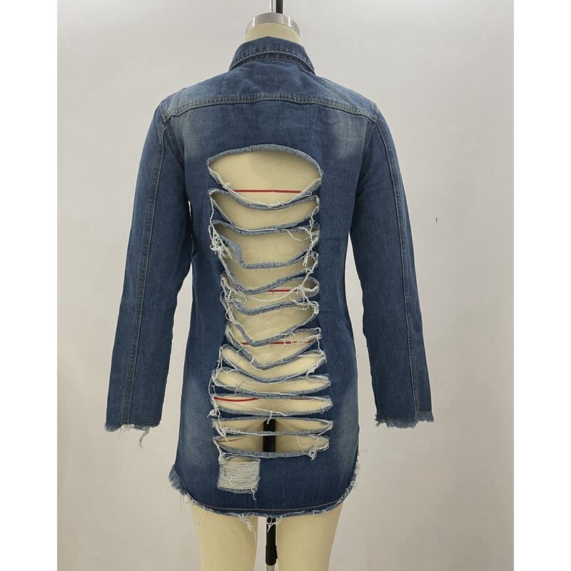 Casaco jeans assimétrico de manga comprida feminino, jaquetas elegantes, oco, bainha pendão, design de bolso, roupas casuais, roupas de outono