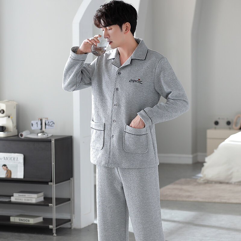 Cardigan pajama mens autumn and winter thick long-sleeve laminated air cotton home service male warm big yards thin quilted suit