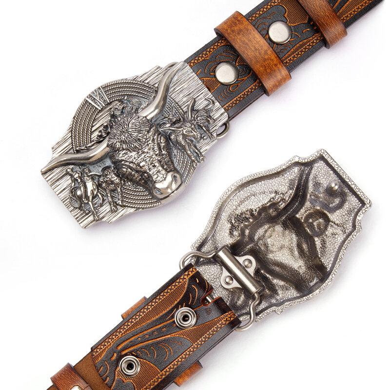BISON DENIM Western Belt for Women Men Cowboys Cowgirls Carving Leather Belts with Bullhead Buckles for Jeans Pants