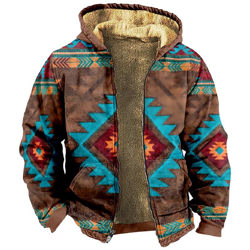 Hoodie étnico de impressão em tecido tribal, camisola com zíper manga comprida, casaco gola, roupas de inverno, homens e mulheres