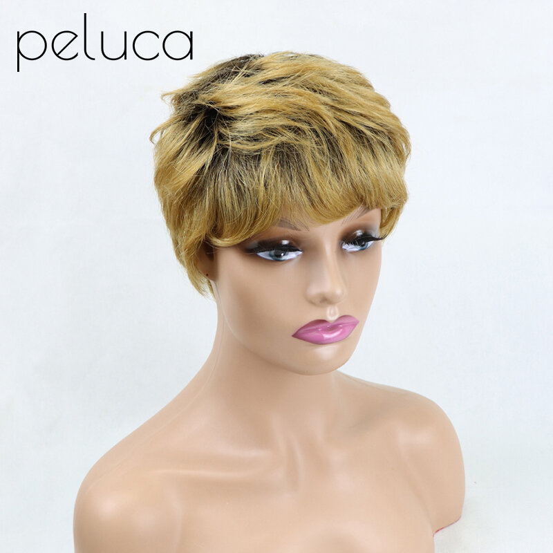 Pelucas de cabello humano brasileño con flequillo para mujeres negras, pelo Remy recto, hecho a máquina, barato, sin pegamento, corte Pixie corto