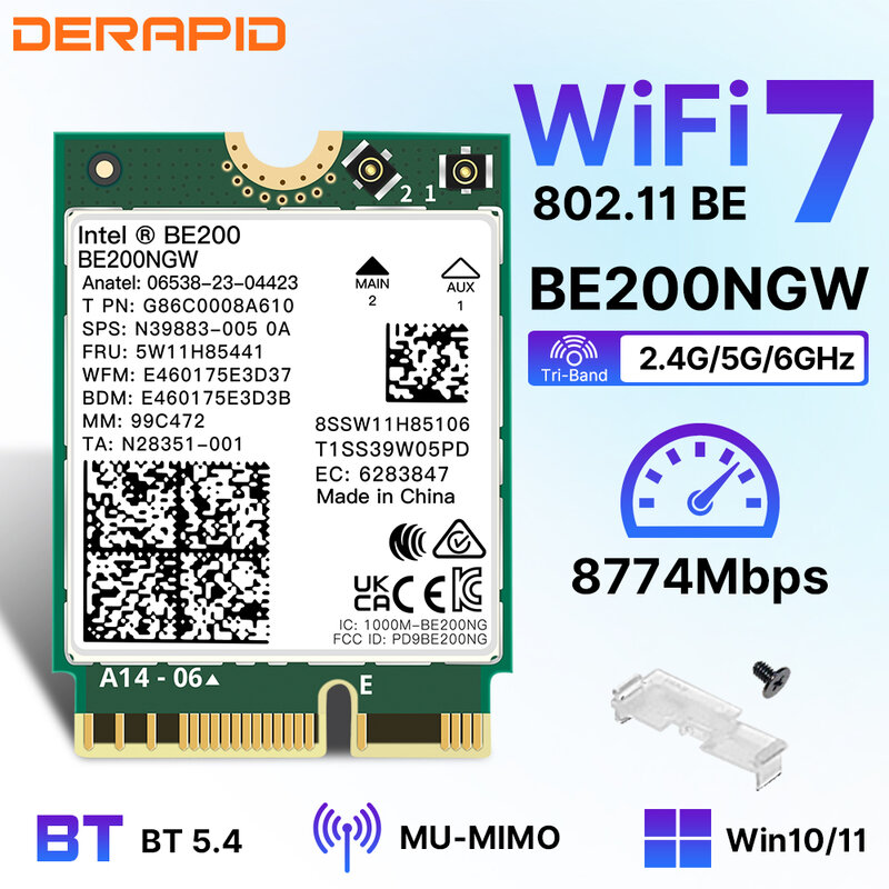 WIFI7-Adaptateur Wifi BE200NGW Leicrer and NGFF, Bluetooth 5.4 BE200 M.2, dongle sans fil pour PC/ordinateur portable pour Windows 10/11 mieux AX210/AX200