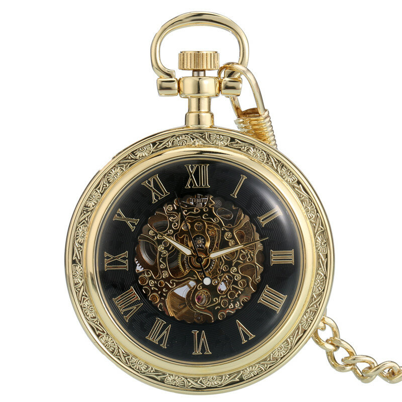 Orologio da tasca dorato giallo di lusso con Display del numero romano orologio automatico meccanico per uomo Fob Chain Watches Collectable Reloj