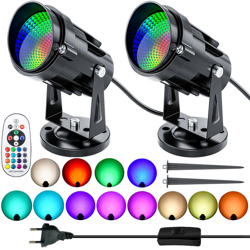Luz LED interna com controle remoto, mudança de cor, lâmpada de assoalho uplighting, plug-in com interruptor, holofote, 10W, RGBW, 2PCs