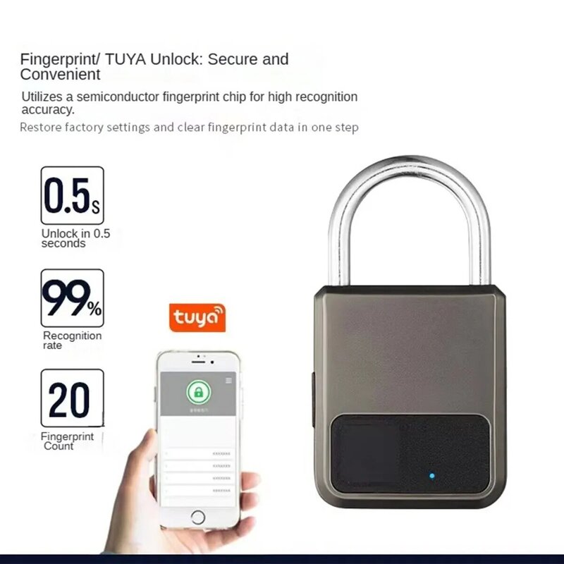 Huella digital portátil inteligente Tuya APP Pad Lock con llave USB, soporte para emergencia, 1 año de uso después de una carga