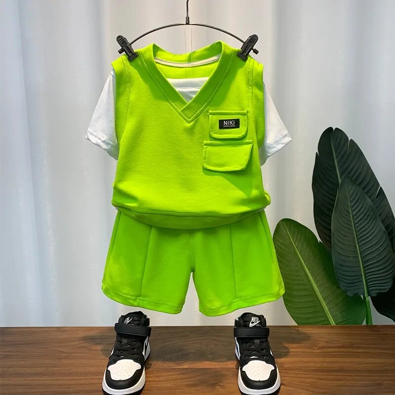 New Children's Short Sleeve T-shirt Shorts 2PCS Summer Cool Boys Clothing Set for Teenage Boys 2 4 6 8 10 12Y