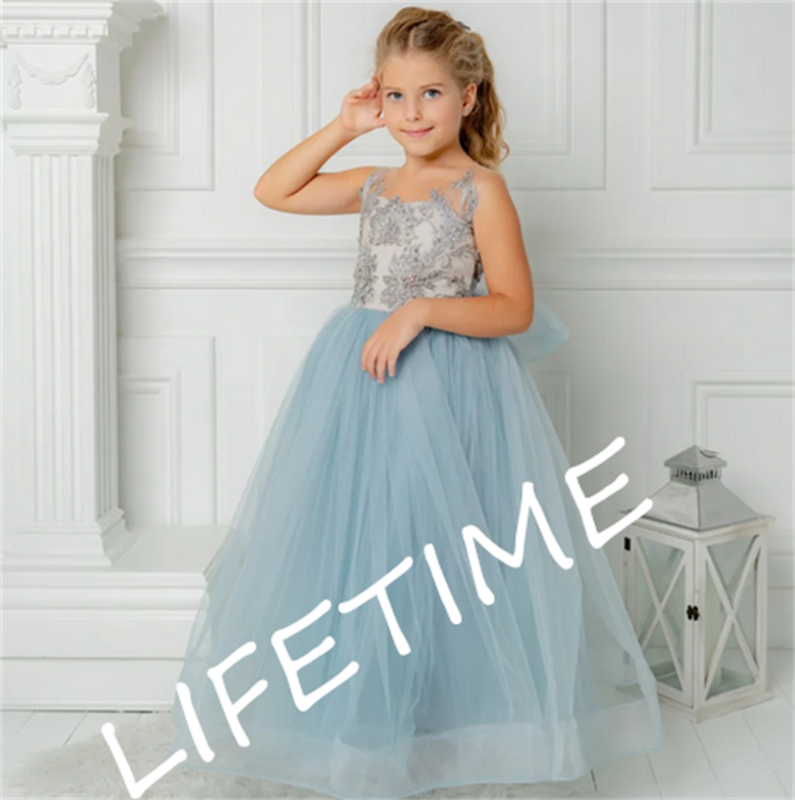 Blue Cute Flower Girl Dresses A-Line Tulle Bow Back O Neck Sleeveless Floor Length Illusion Wedding Party Dress