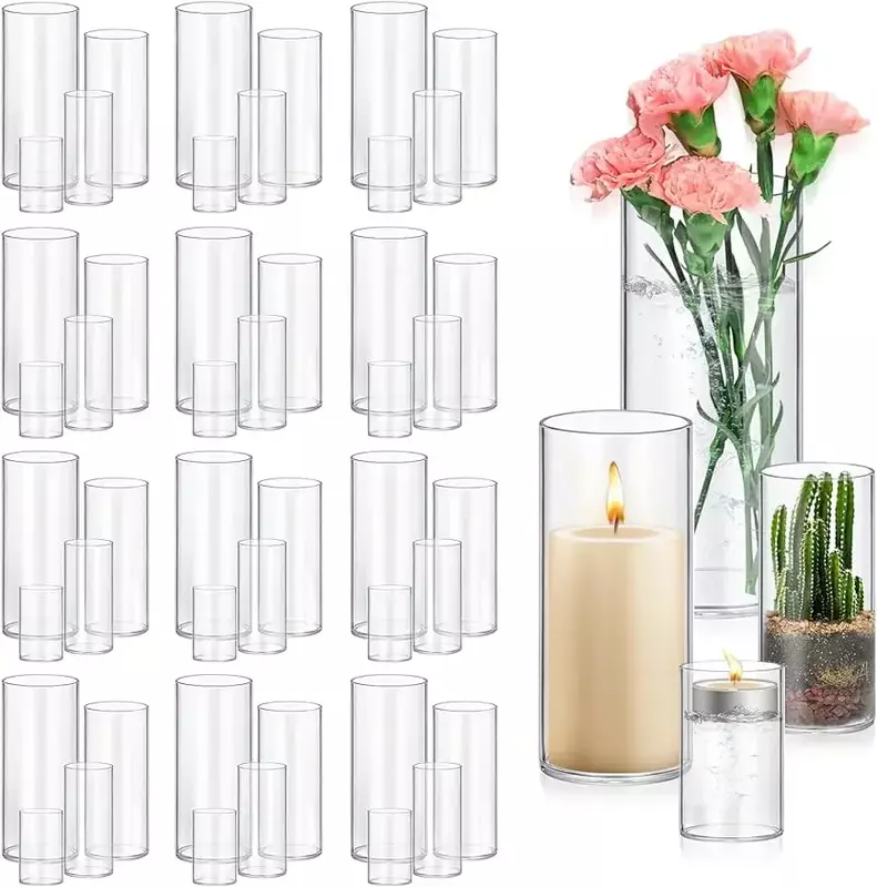 48 Pack Glass Cylinder Vases 4,6,8,10 Inch Tall Clear Flower Vase Hurricane Floating Candle Holder for Table Centerpiece