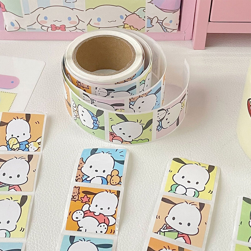 Stiker kartun lucu Sanrio Hello Kitty 200/500 buah stiker estetika Roll Kuromi Melody dekorasi DIY Terima kasih Roll stiker mainan anak