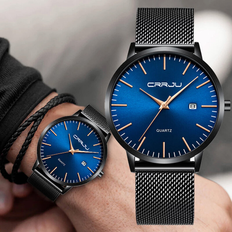 2021 CRRJU นาฬิกาผู้ชายแฟชั่นหรูหรา Ultra-Thin Часы Мужские สแตนเลสวันที่นาฬิกาข้อมือกีฬานาฬิกาควอตซ์กันน้...