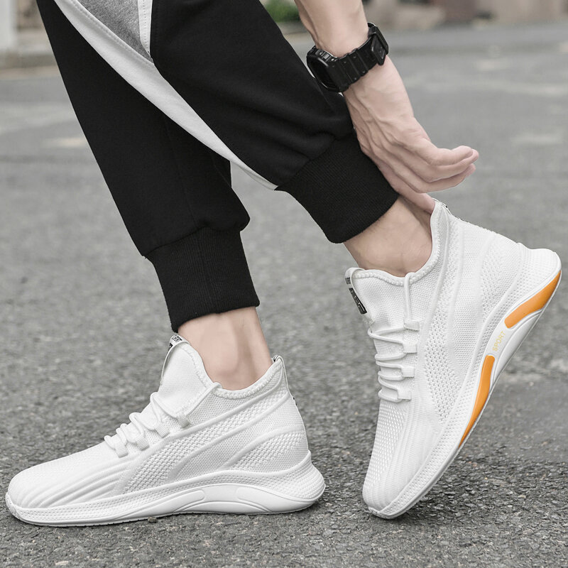 White Lace-up Sneakers Men Height Increase Insoles 6cm Adjustable Lifts Casual Shoes Fashion