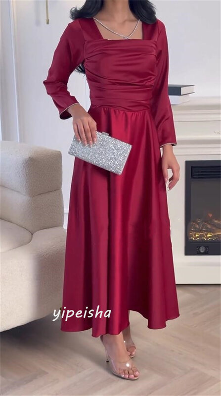 무도회 원피스 사우디 아라비아 새틴 드레이프 플리츠 약혼 A 라인 스퀘어 칼라, 맞춤형 행사 가운, 긴팔 드레스