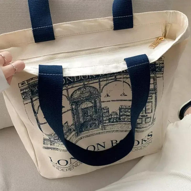 BBA170 bolso de hombro de lona para mujer, bolso de mano informal con estampado de libros de Londres, bolso de mano reutilizable de algodón de gran capacidad