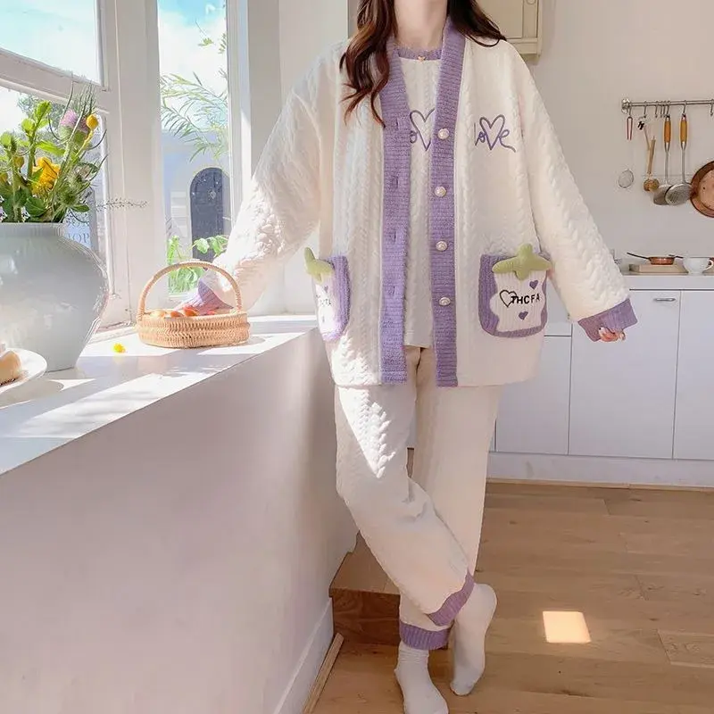 Pijamas acolchados de tres capas para mujer, ropa de dormir cálida de algodón, de manga larga, para el hogar, otoño e invierno, 2024