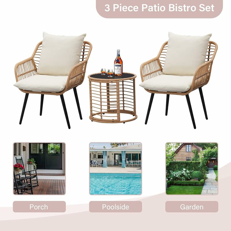 3 Pieces Patio Bistro Set, Outdoor Wicker Chairs Bistro Conversation Sets, All-Weather Ratten Outdoor Patio Furniture Set