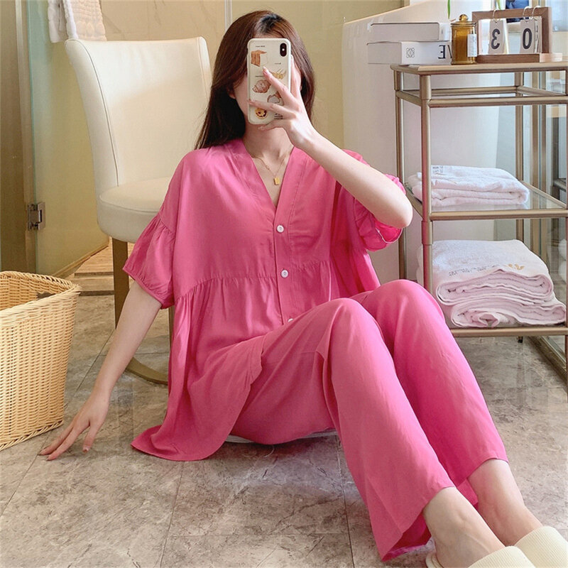 Conjunto de pijama informal de manga corta para mujer, ropa de dormir de dos piezas, delgada, suelta, talla grande, primavera y verano