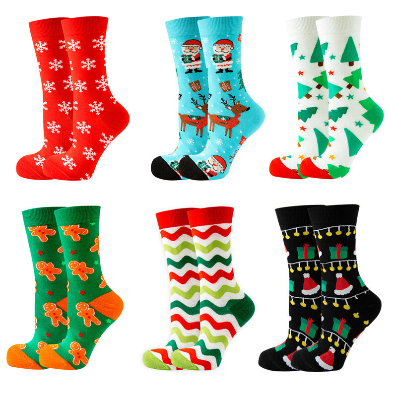 Новинка Осень/Зима 2023, рождественские женские носки с Санта-Клаусом, хлопковые носки с геометрическим рисунком оленя, рождественской елки