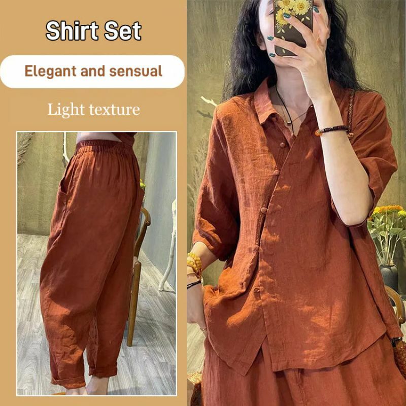 Retro Cotton And Linen Women's 2-piece Casual Shirt Set Printed Cotton Linen Shirt Set