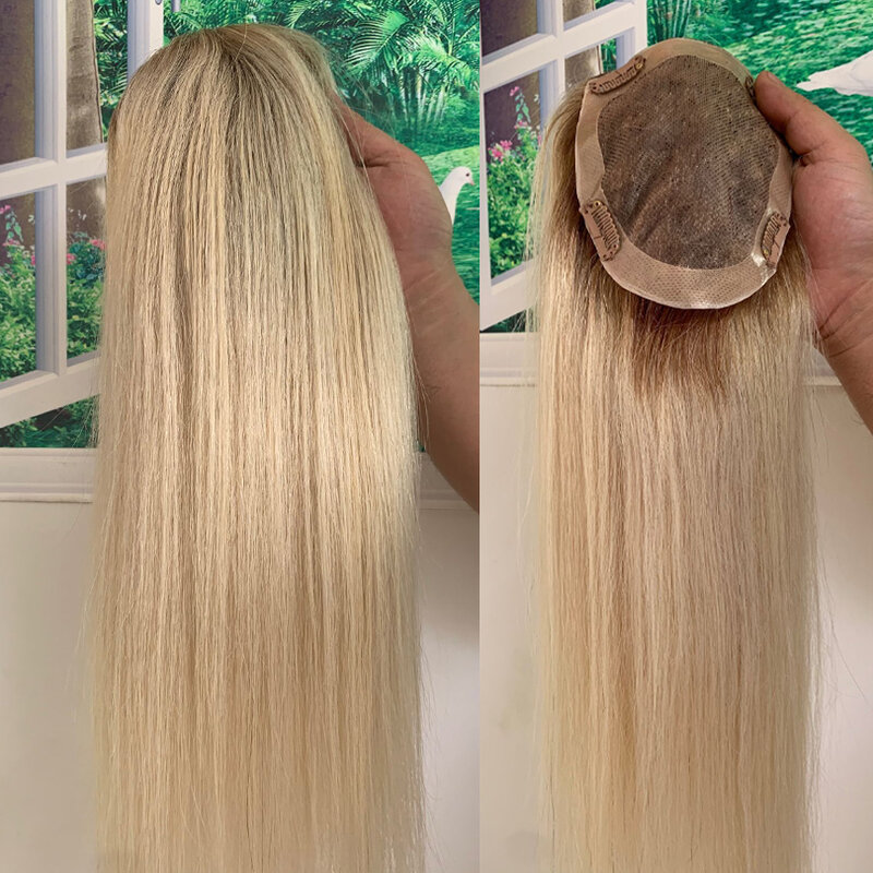 Ombre blond dziewicze włosy Mono baza zamknięcie z koronką naturalne włosy dla dzieci #613 Silicon Mono zamknięcie koronki peruka dla kobiet