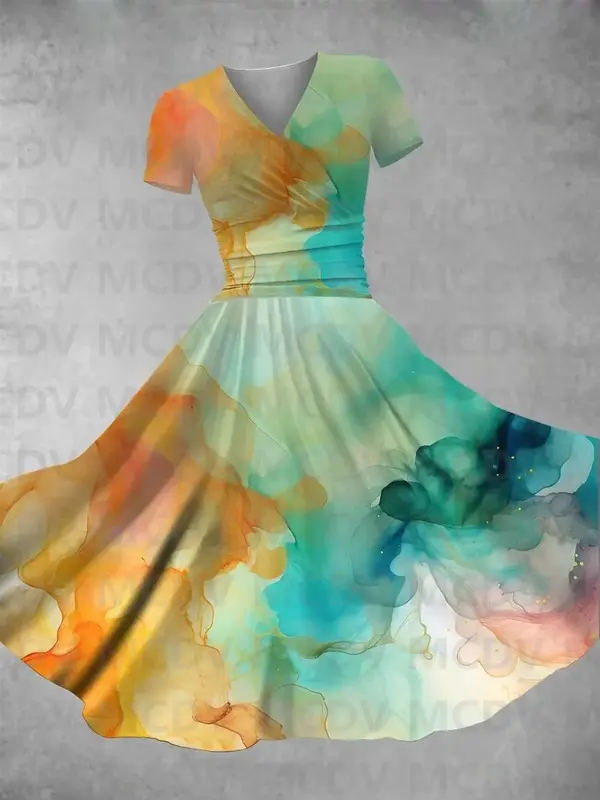 Женское винтажное Макси-платье с 3D-принтом и V-образным вырезом