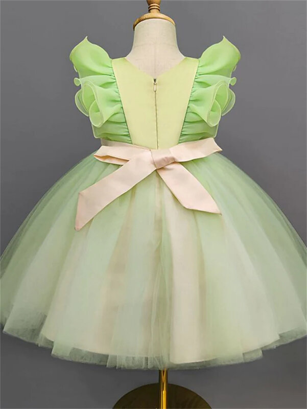 小さな女の子のための花柄のドレス,ラインa,パーティー,パフォーマンス,緑,非対称,半袖,プリンセス,愛らしい,3〜12歳の子供のためのドレス