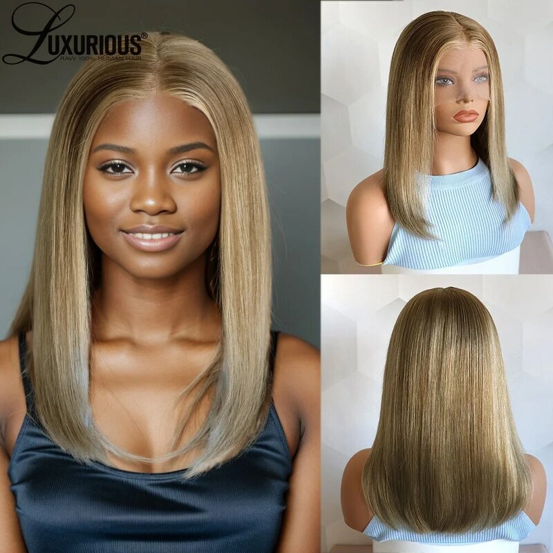 Wig Bob pendek lurus untuk wanita hitam Wig Frontal renda pra-pencabutan rambut manusia Virgin Brasil Wig Frontal renda transparan