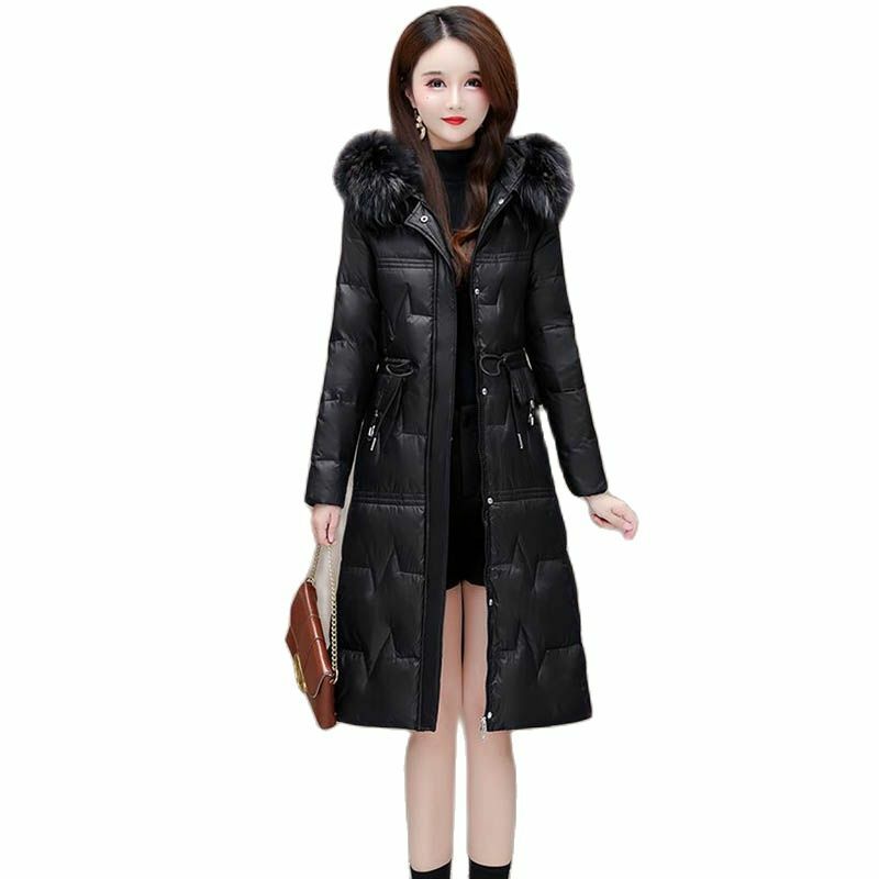 Женский длинный пуховик, новая зимняя одежда 2022, Корейская облегающая модная до колен теплая одежда с воротником из натурального меха и белым утиным пухом