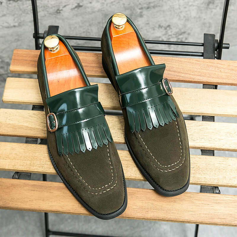 Lefu-zapatos puntiagudos de lana para hombre, calzado de vestir, estilo británico, Retro, para conducir al aire libre, color negro y verde, talla 38-46