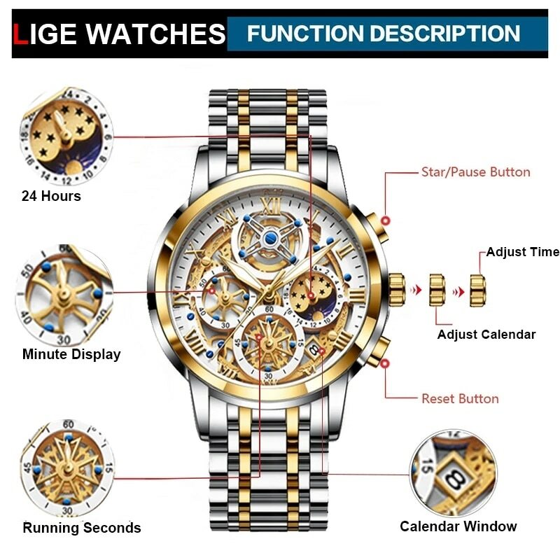 LIGE 남성용 스포츠 쿼츠 시계, 방수 크로노그래프 손목시계, 밀리터리 할로우 시계, 남자 Relogio Masculino