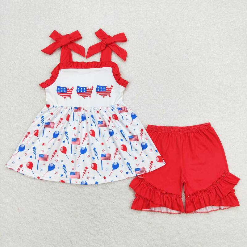 Wholesale July 4th Kids Summer Sleeveless Pocket Stripes Stars Tunic Toddler Sets Children Ruffle Shorts Baby Girls Outfit