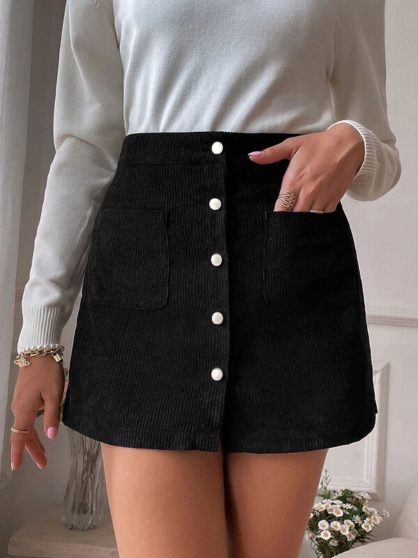 Falda ajustada de cintura alta para mujer, prenda elegante con bolsillos, de pana, con glúteos, de una sola botonadura, para otoño e invierno, novedad de 2023