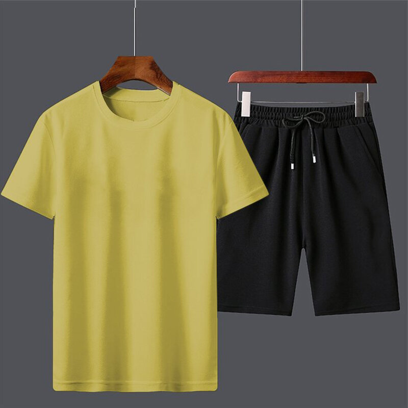 Summer New Men's Short-sleeved T-shirt Shorts Two-piece Sports Casual Suit Solid Color Summer Suit S-3XL  6 Colors
