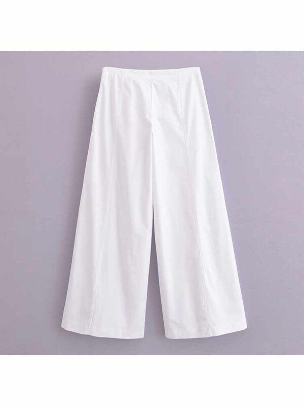 Calça branca larga larga larga feminina, vintage, cintura média, zíper lateral, decoração de alça, nova moda, 2024