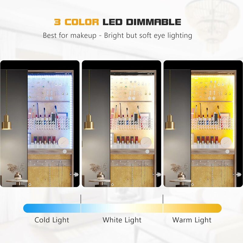Lvifur-armario de joyería LED giratorio 360 °, espejo de longitud completa, gran capacidad, pie, 3 colores, regulable, organizador de joyas