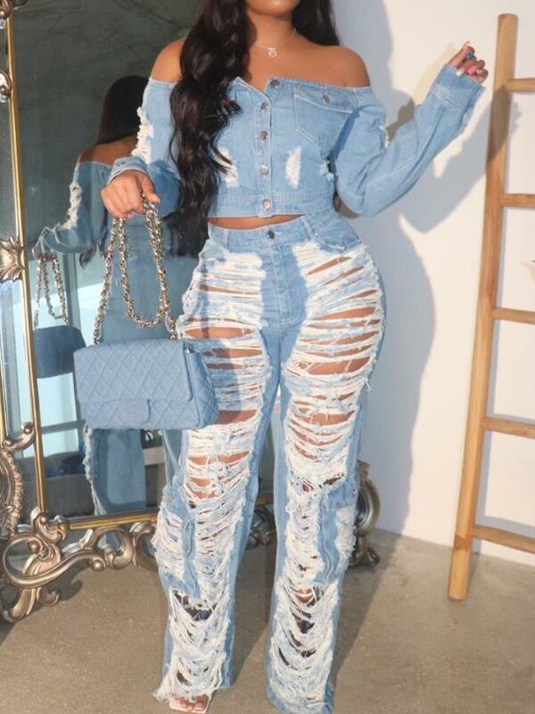 Женские рваные джинсы с высокой талией и карманами