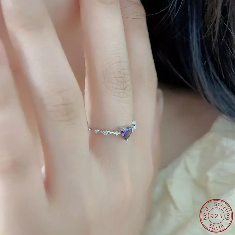 Anel feminino em forma de coração de prata esterlina 925, anel de noivado personalizado, design simples, roxo, 100% original, novo, 2024