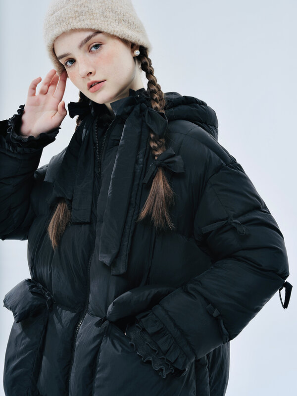 Imakokoni 여성용 화이트 덕 다운 후드 다운 재킷, 중간 길이 코트, 오리지널 디자인, 2023 겨울
