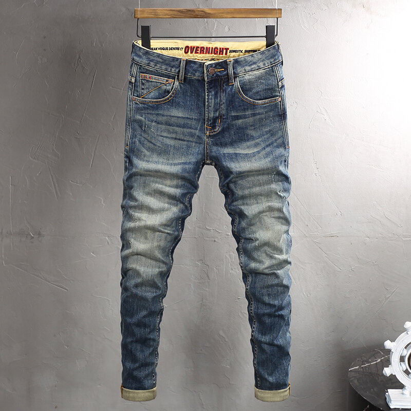 Jeans pria mode baru kualitas tinggi Retro dicuci biru melar Slim Fit Vintage Jeans pria bordir desainer celana Denim kasual