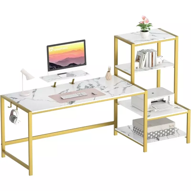 Computer Desk with Storage Printer Shelf, 67 inch Home Office Vanity Desk with Movable Monitor Stand