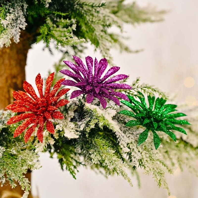 6 個のクリスマスグリッターフラワー装飾造花クリスマスリースツリーオーナメント DIY ホリデーデコレーション