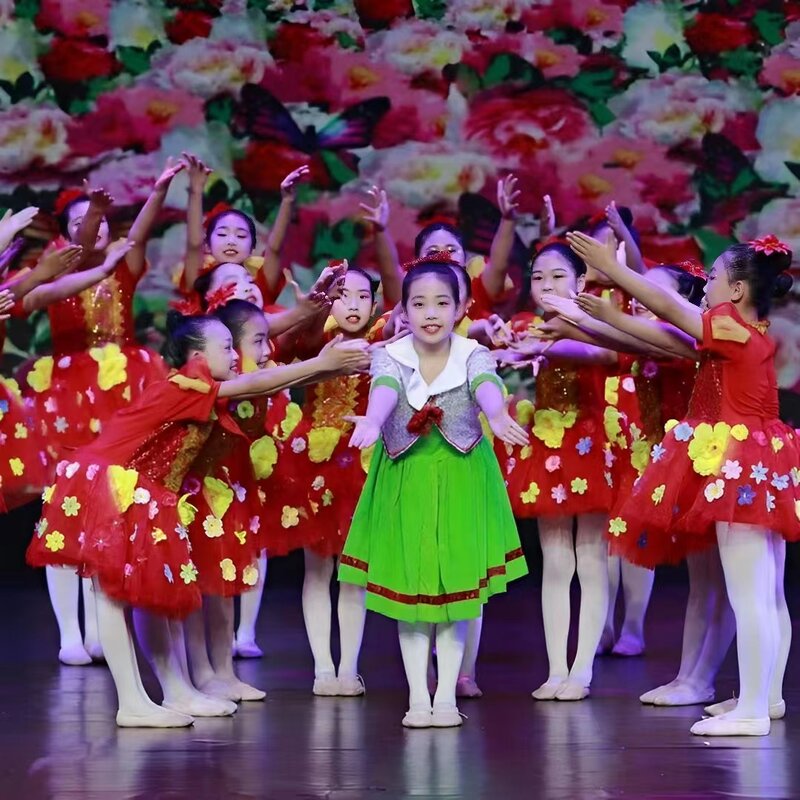 Rode Dansvoorstelling Kostuum Voor Meisjes Gezwollen Tule Rok Met Prinses Pailletten Bloemblaadjes Jurk Met Hoofdband