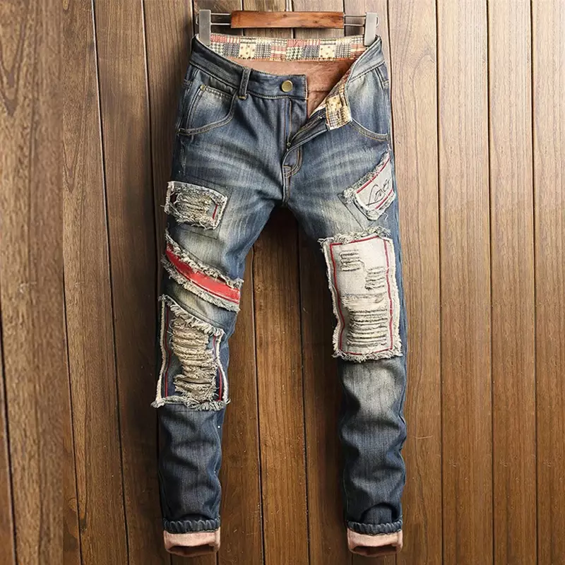 Winter Thick Warm Fleece Jeans Men Plus Size Ripped Patchwork Design Casual Denim Pants Hip Hop Straight Thermal Jean Trousers