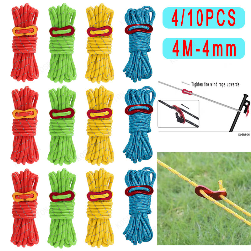 4/10pcs 4mm Outdoor Guy Lines Tent Cords Lightweight Camping Rope With Aluminum Guylines Adjuster Tensioner Pouch For Tent Tarp
