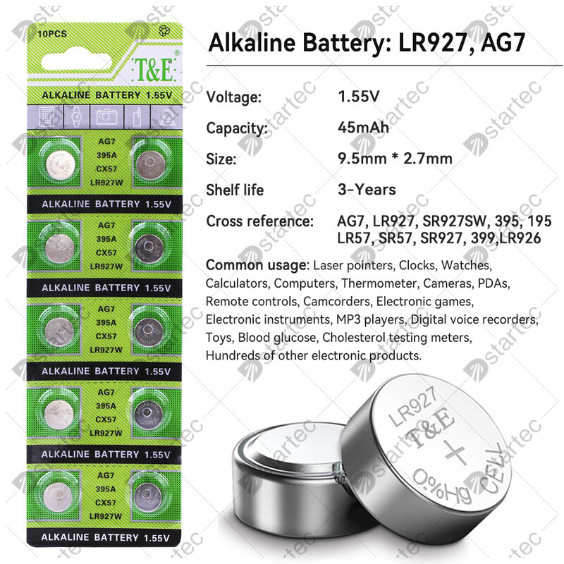 AG7 Bateria Alcalina de Moeda Celular, Baterias de Botão, Relógio, Brinquedos, Controle Remoto, L927F, LR57, SR927, LR926, 395A, 399, 195, 1.55V, 10Pcs