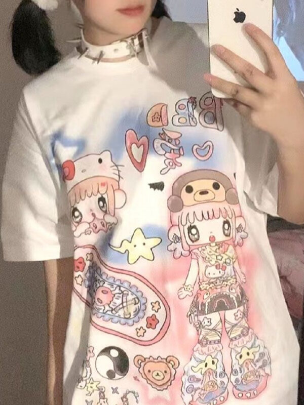 Koszulki w stylu Streetwear HOUZHOU Y2k Harajuku damskie japońska moda Kawaii gwiazda nadruk kreskówkowy luźne t-shirty topy miękkie Gril lato 2024
